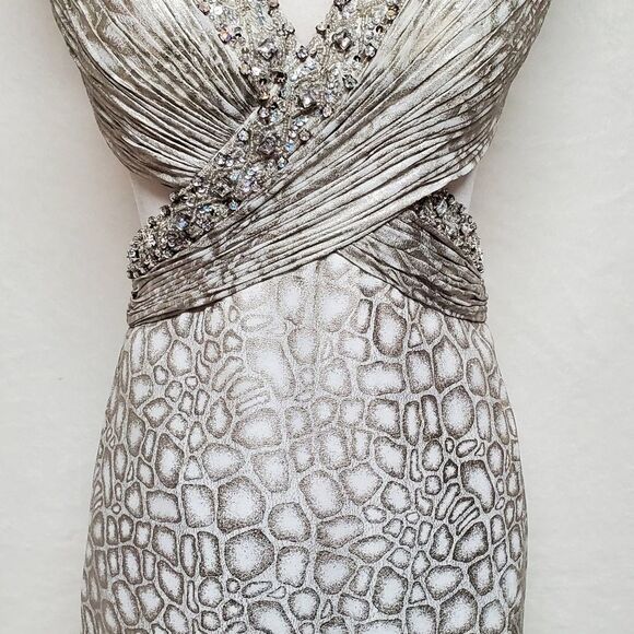 SATIN Snakeskin Silver Sequin Beaded Backless Side Slit Racerback Maxi Dress XS - Picture 7 of 16